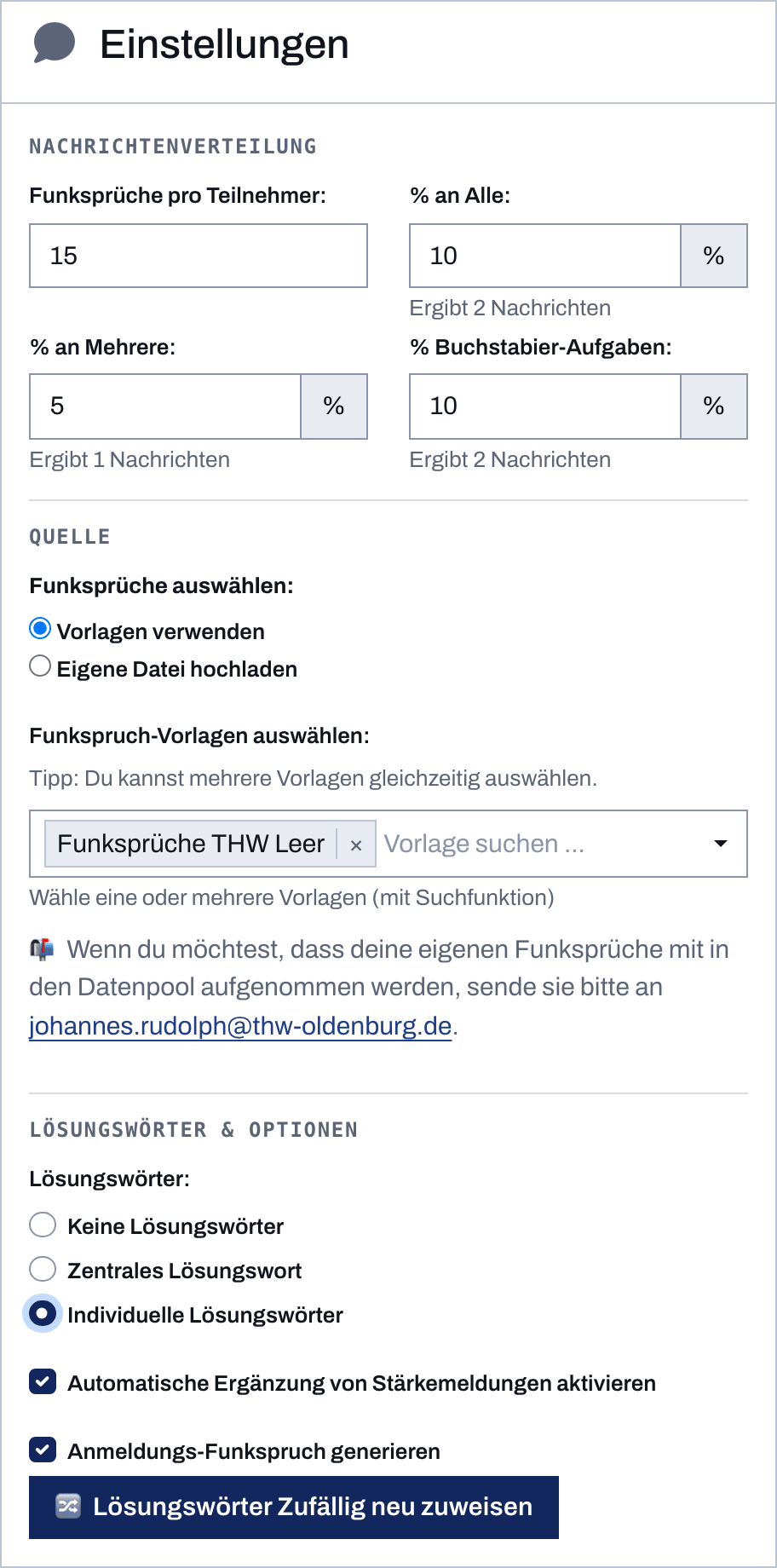 Einstellungen-Karte mit Nachrichtenverteilung, Vorlagen-Auswahl und Lösungswort-Optionen