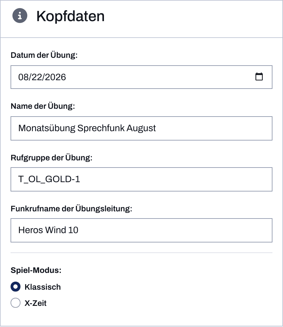 Kopfdaten-Karte mit Feldern für Datum, Name der Übung, Rufgruppe und Funkrufname der Übungsleitung