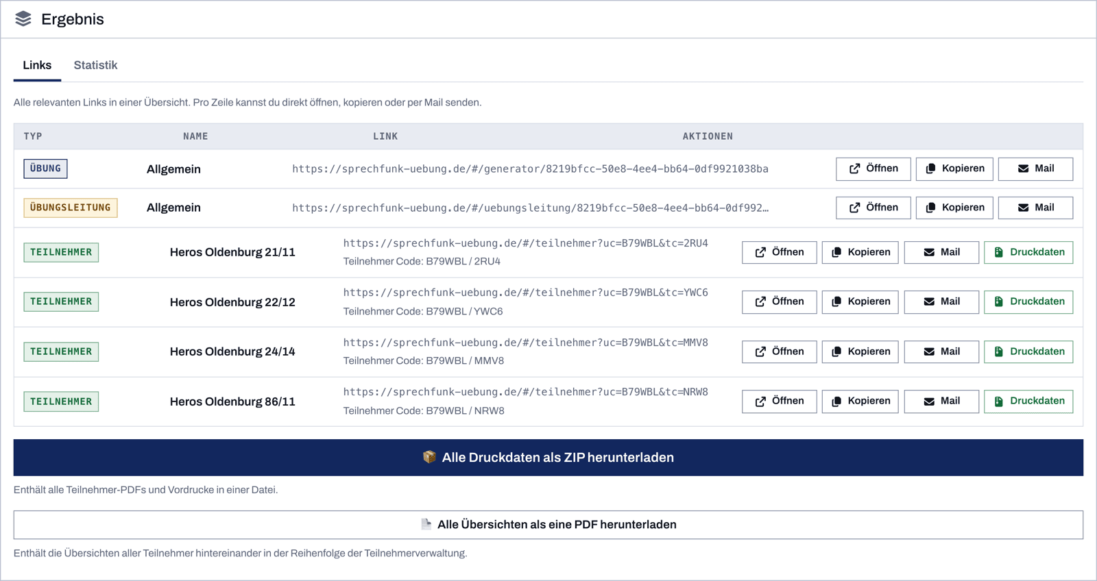 Ergebnisbereich mit Links für Übung, Übungsleitung und Teilnehmer sowie ZIP-Download