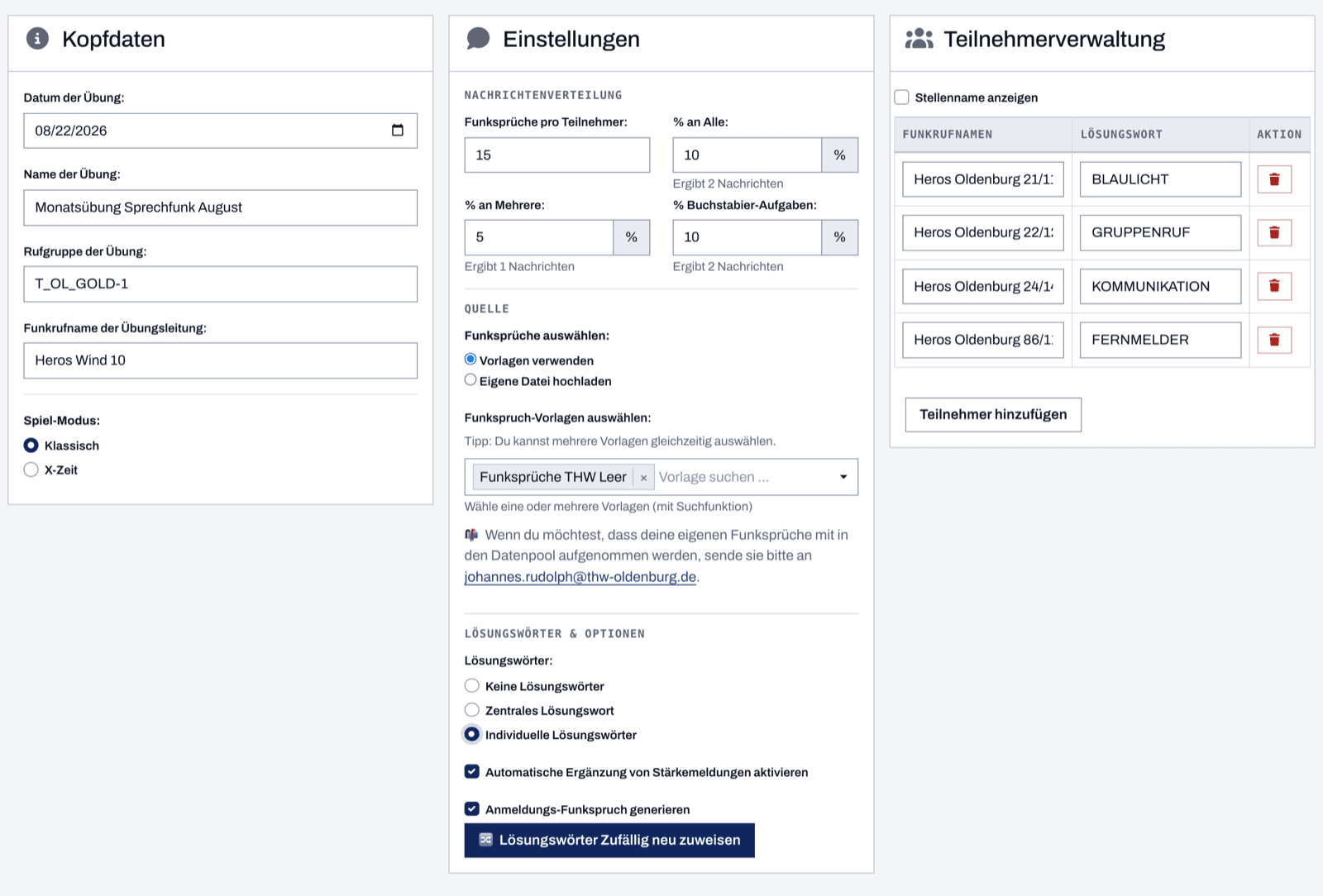 Generator-Ansicht mit den drei Karten Kopfdaten, Einstellungen und Teilnehmerverwaltung