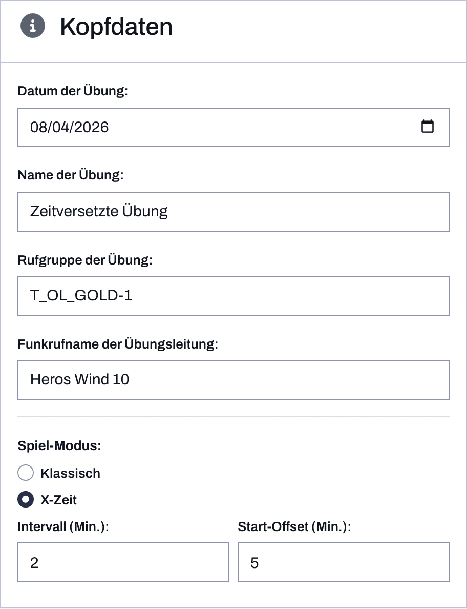X-Zeit-Konfiguration im Generator: Auswahl des Spiel-Modus mit den Feldern für Intervall und Start-Offset