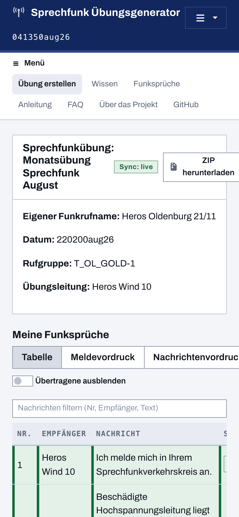Teilnehmeransicht auf einem Smartphone mit der Liste der eigenen Funksprüche und Status je Nachricht