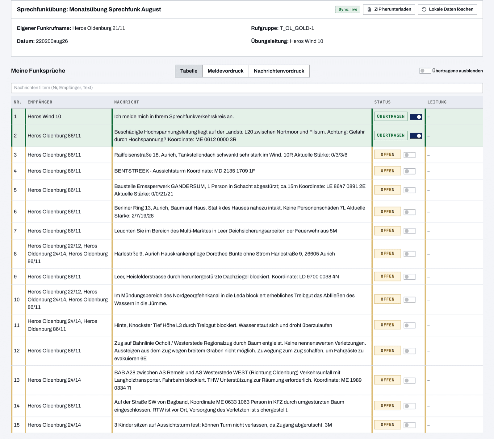 Teilnehmeransicht mit Funkspruch-Tabelle und Status je Nachricht