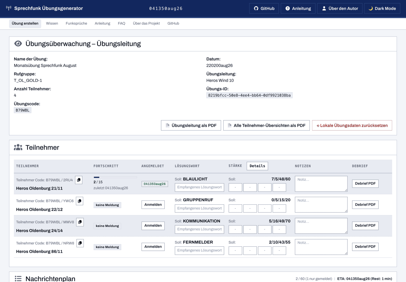Übungsleitungs-Ansicht mit Übungsdaten, Übungscode und Teilnehmertabelle mit Fortschritt